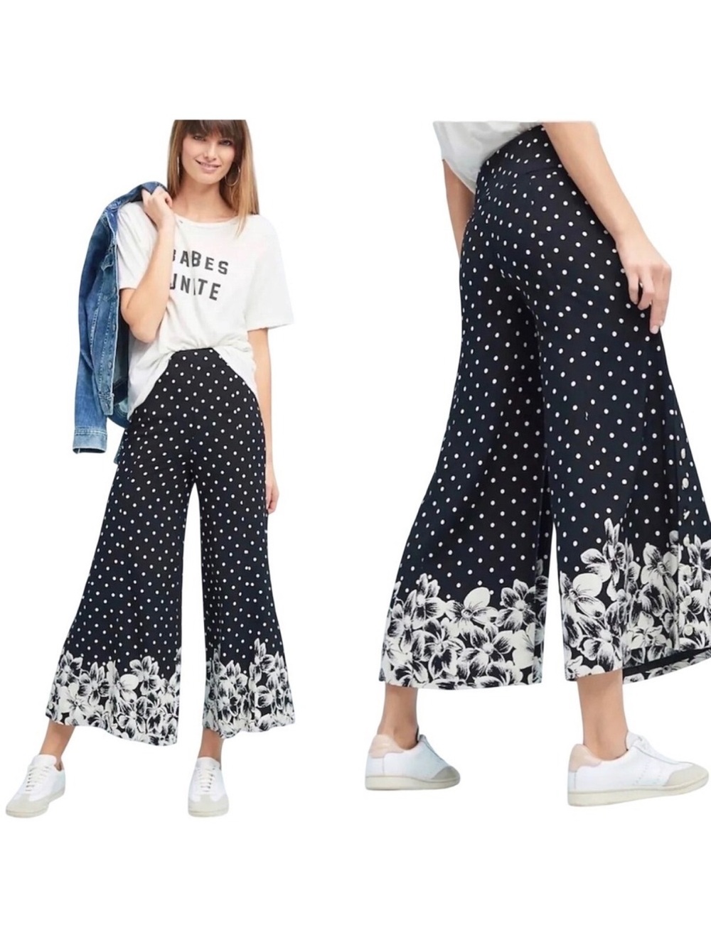 Anthropologie ett:twa Black and White Polka Dot Floral Wide Leg Cropped Pants
